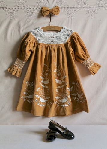 CARAMEL CORDUROY DRESS WITH HAIR CLIP